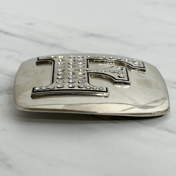 Rhinestone Studded F Letter Initial Monogram Silver Tone Belt Buckle - Picture 5 of 8